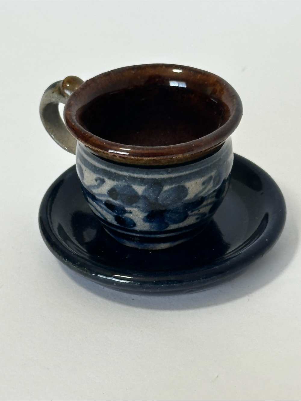 Handcrafted Mini Ceramic Cup and Saucer - Blue and Brown